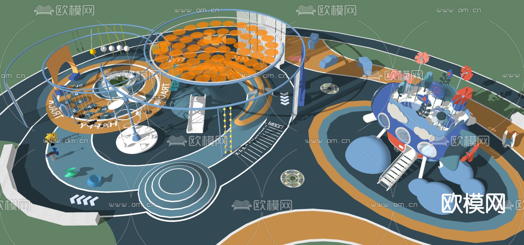 现代儿童秋千滑梯su模型下载（渲染图2）