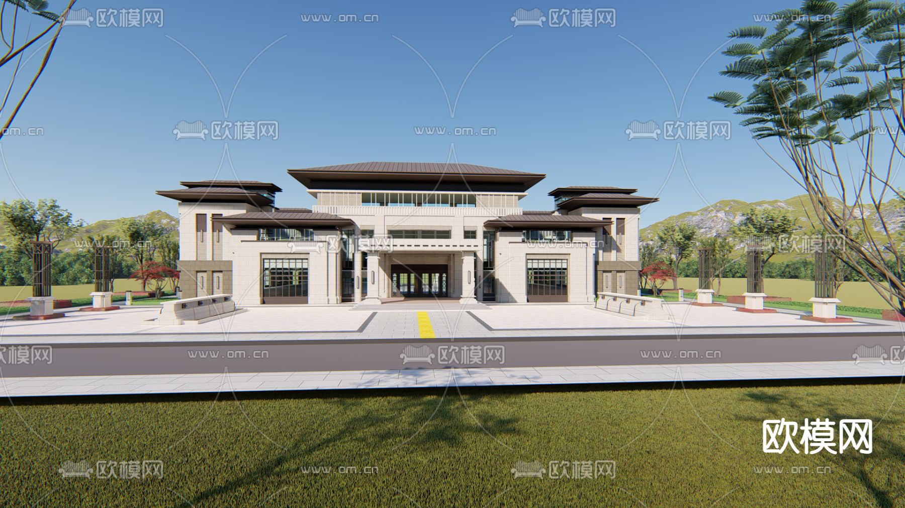 新中式展览馆外观su模型下载（渲染图3）