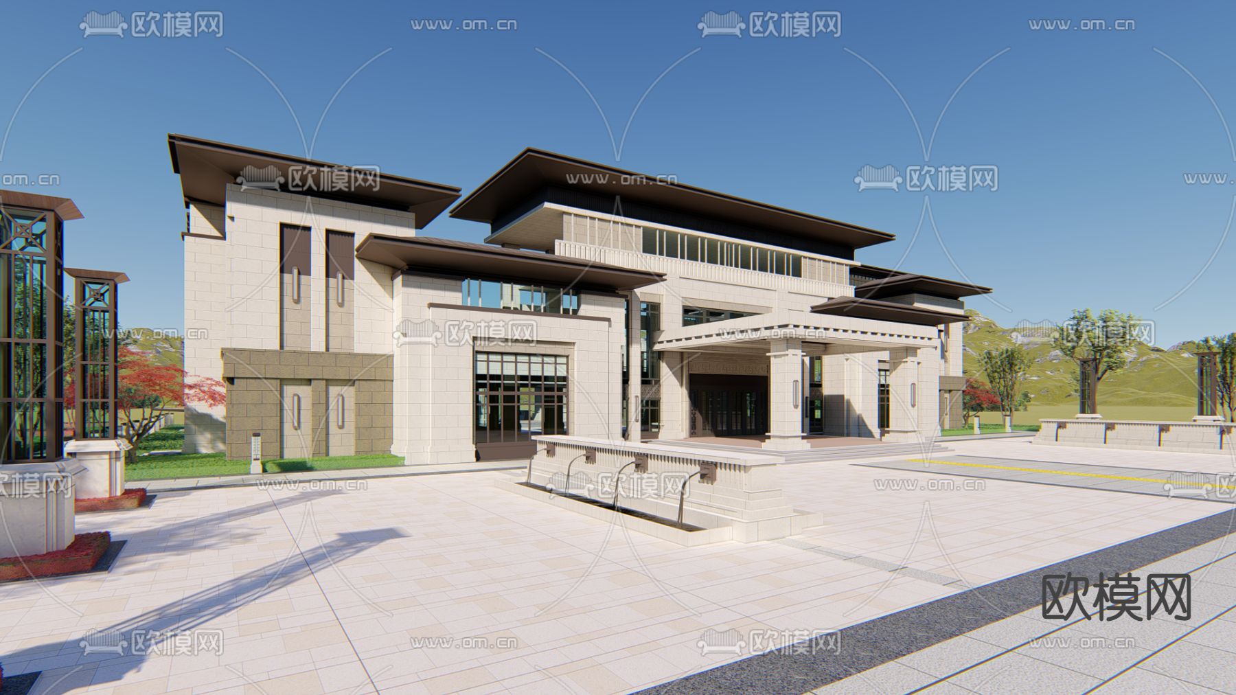 新中式展览馆外观su模型下载（渲染图2）