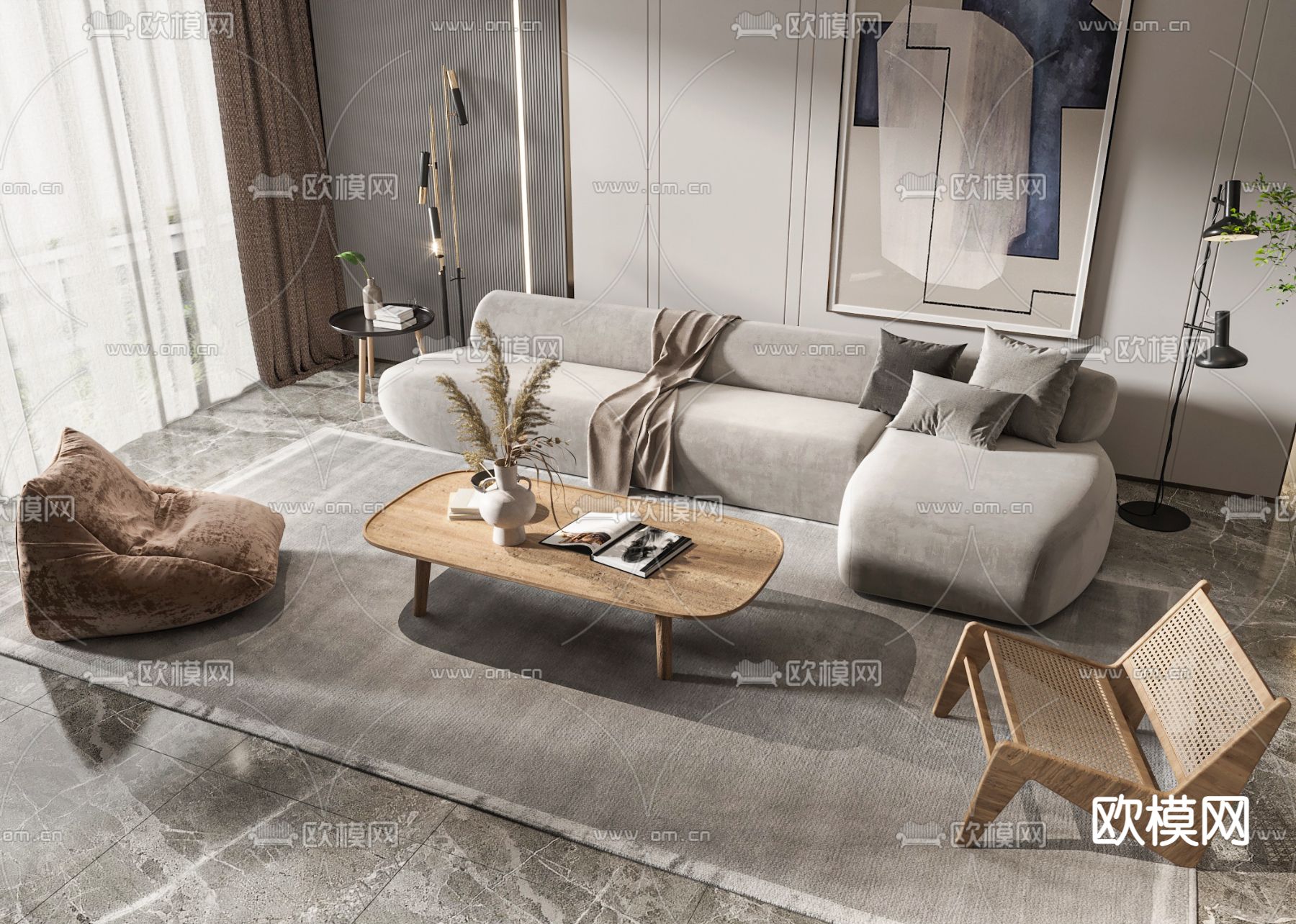 高级灰转角组合沙发3d模型下载