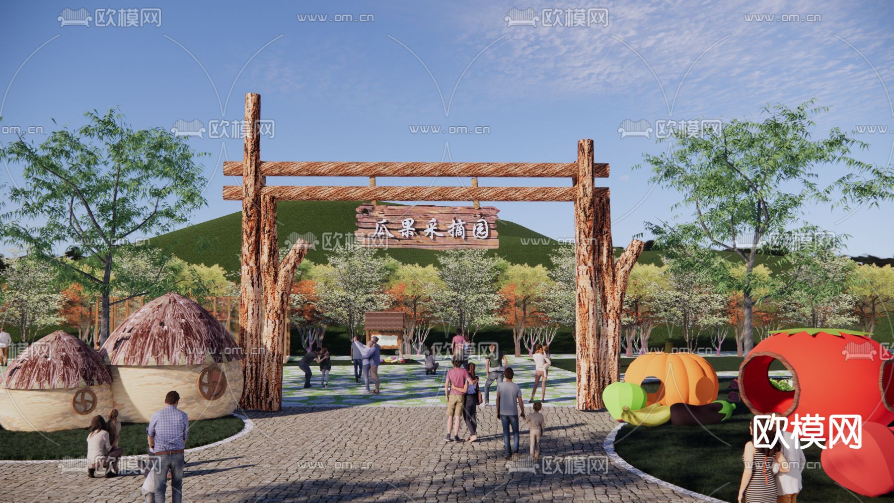 中式采摘园大门瓜果蔬菜基地su模型下载（渲染图3）