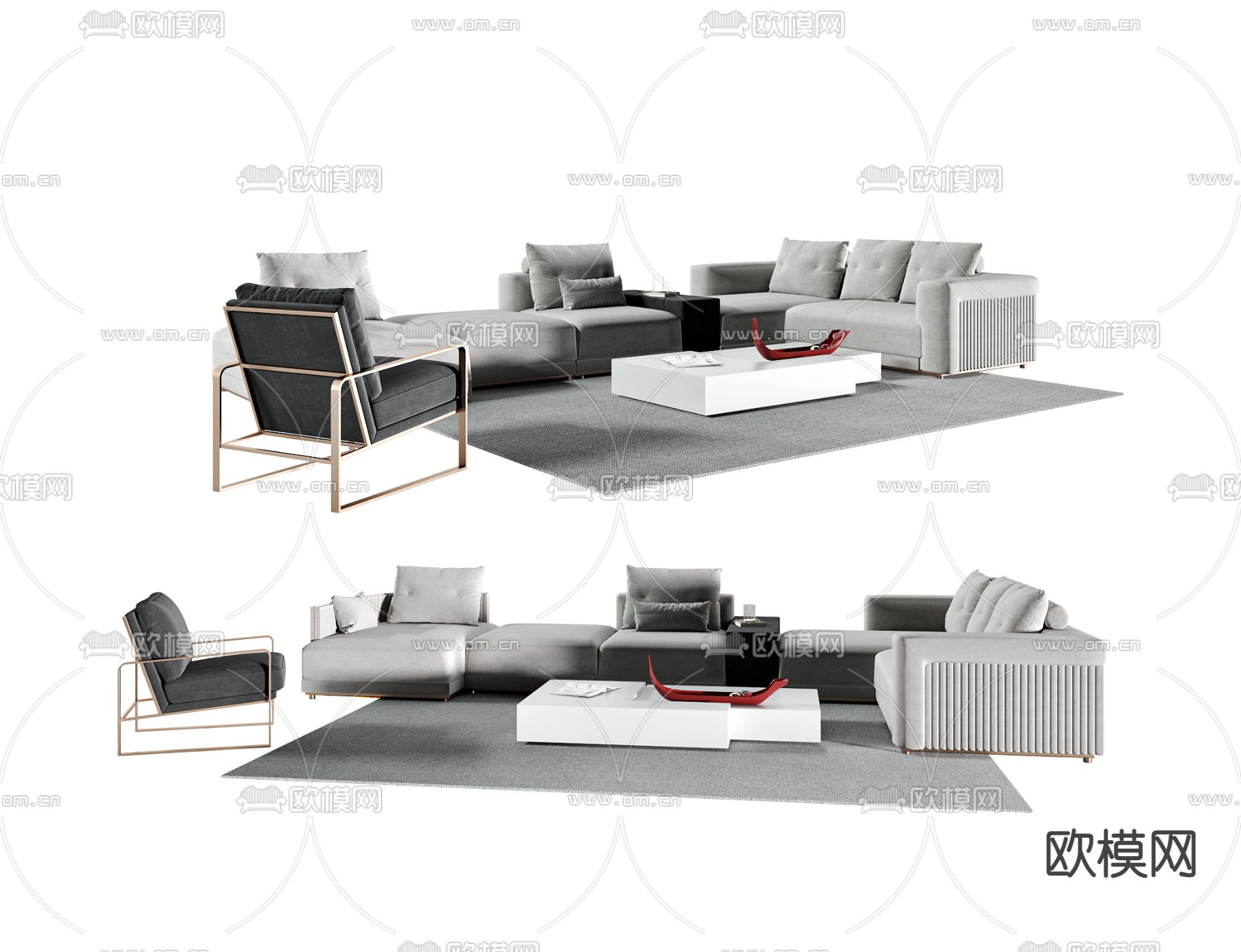 高级灰转角组合沙发3d模型下载