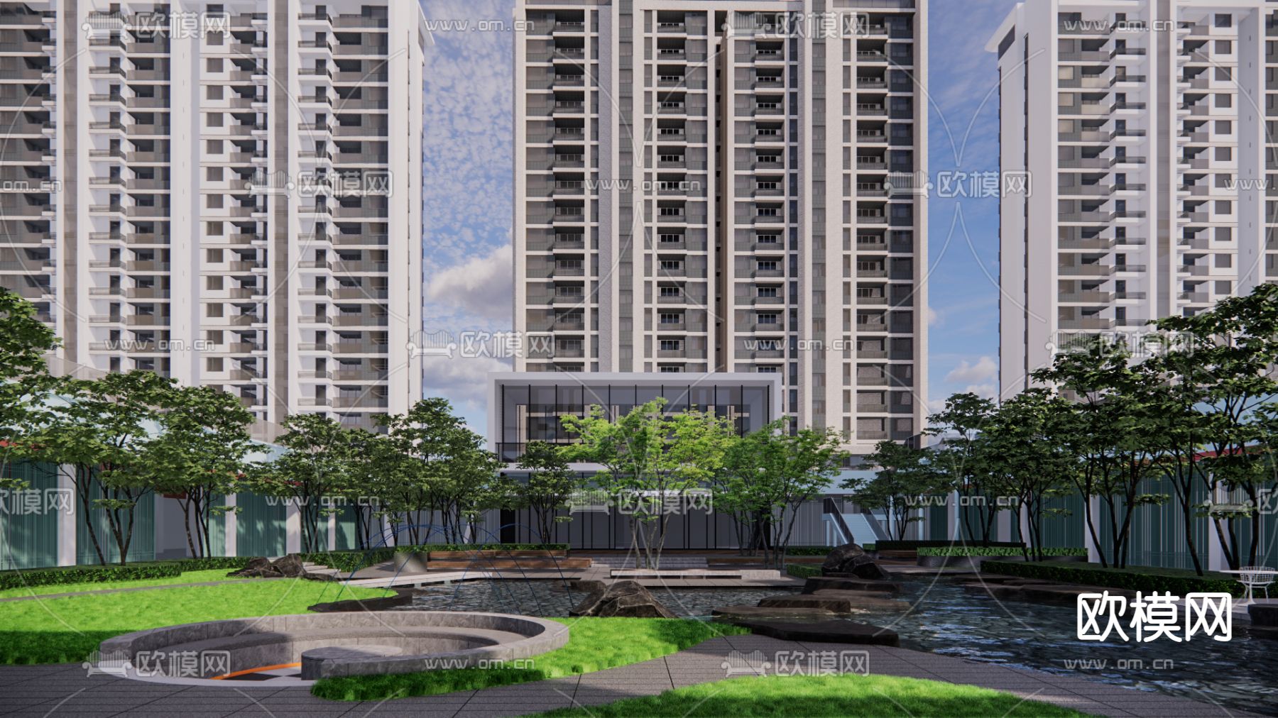 现代住宅区下沉广场景观su模型下载_ID12162812_sketchup模型下载-欧模网