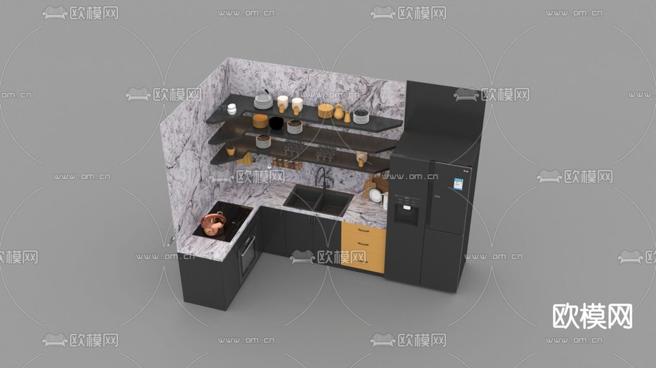 现代轻奢实木大理石转角橱柜免费3d模型下载
