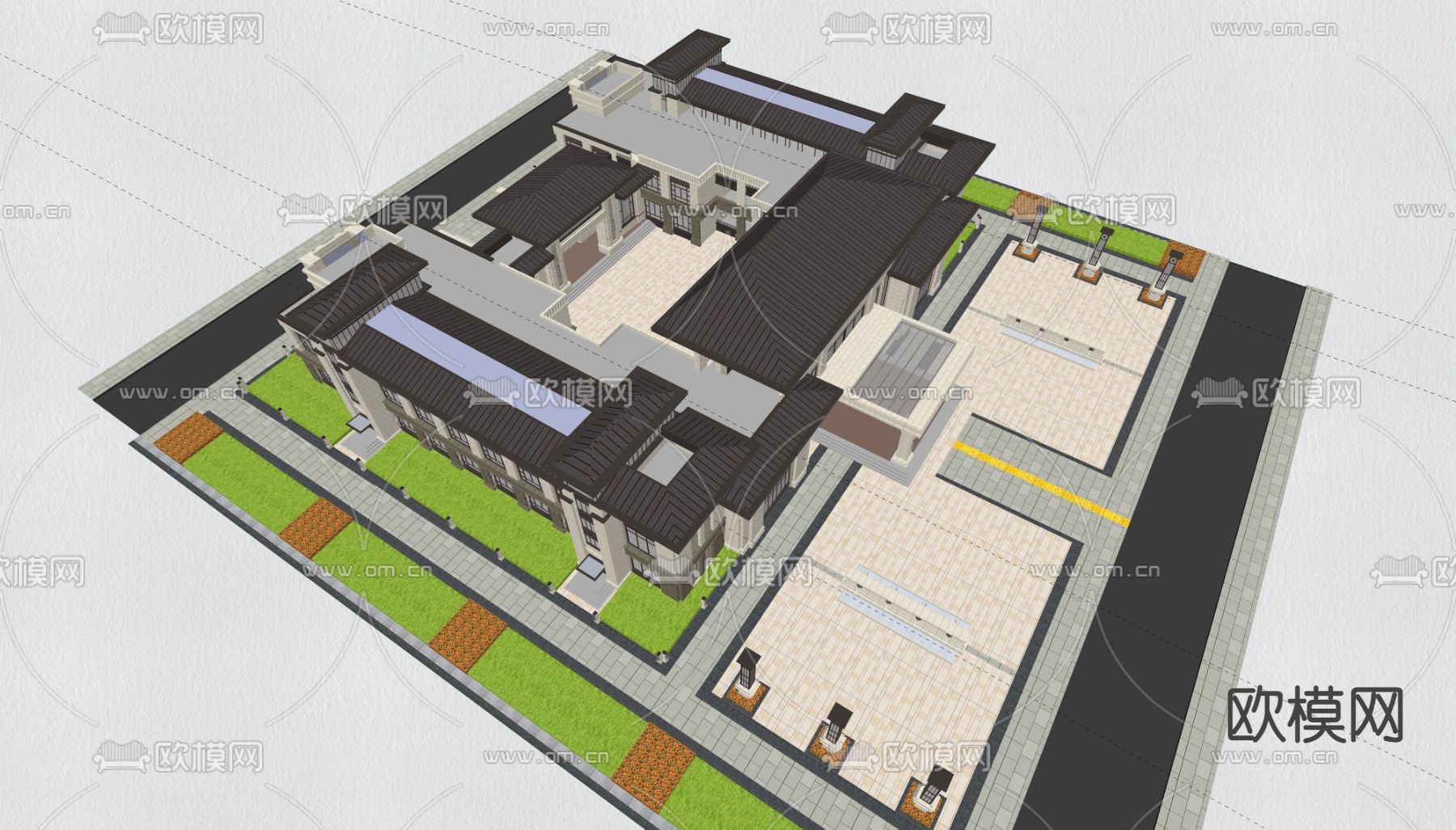 新中式展览馆外观su模型下载（渲染图4）