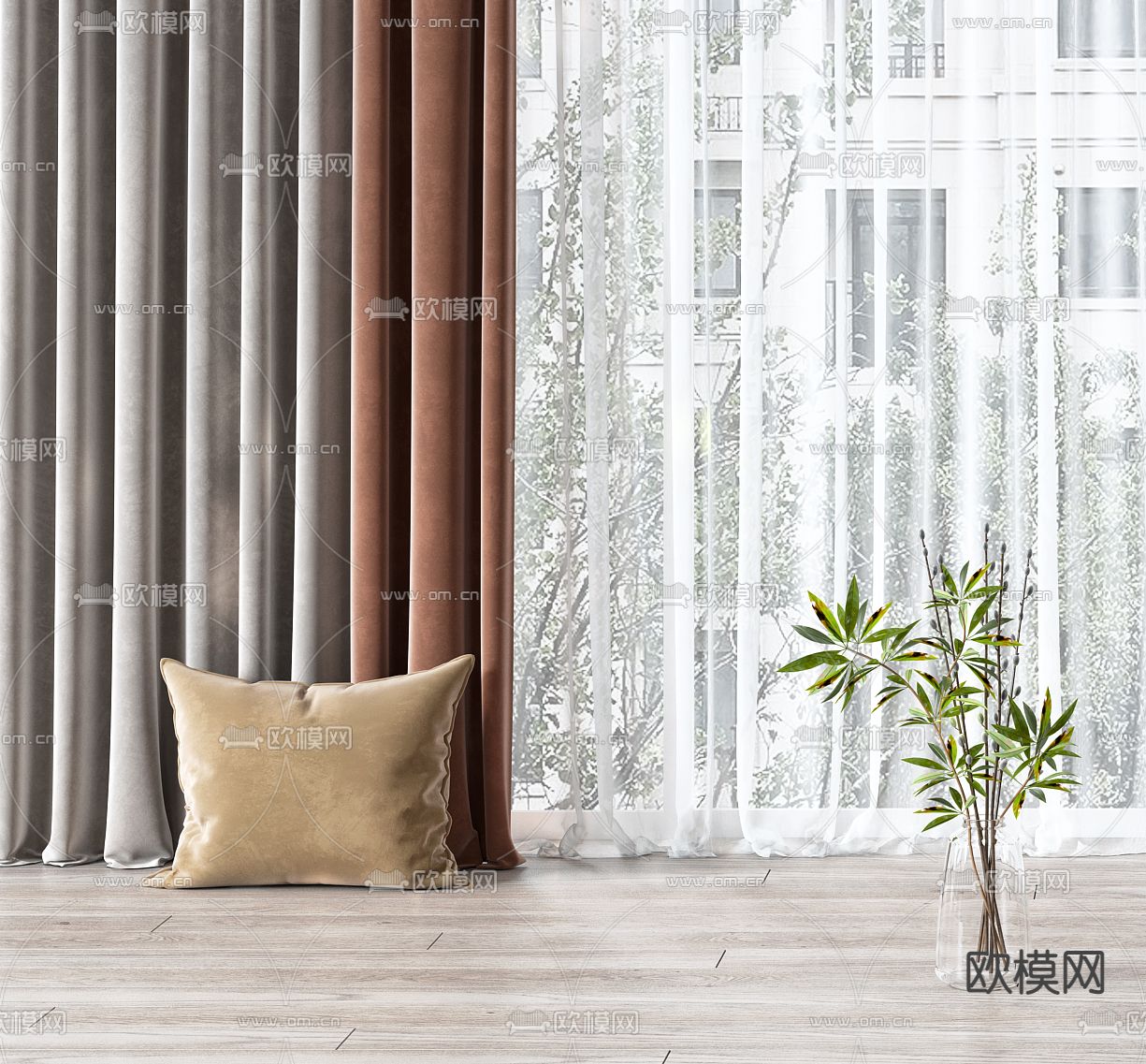 现代窗帘 窗纱3d模型下载（渲染图3）