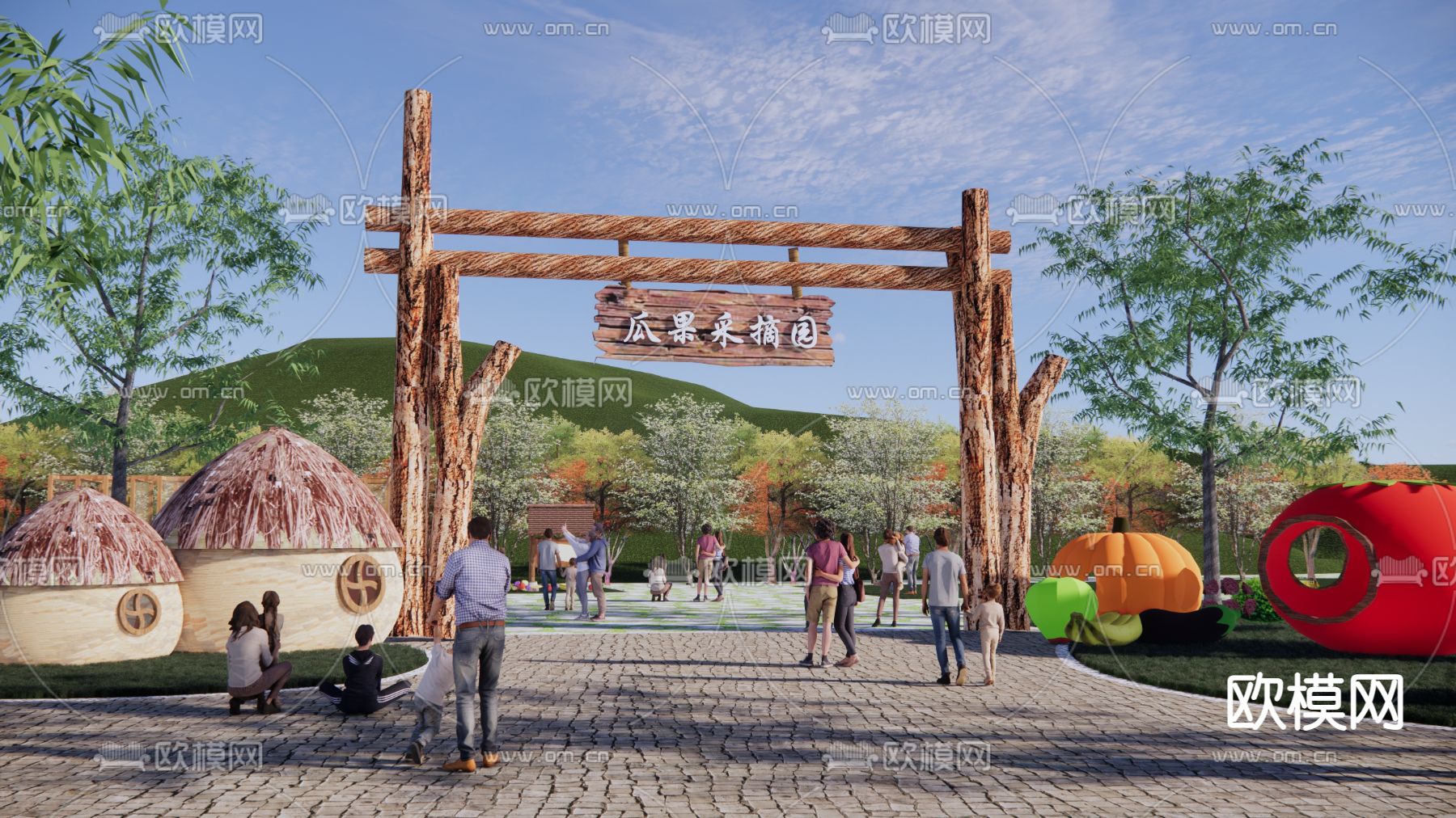 中式采摘园大门瓜果蔬菜基地su模型下载（渲染图1）
