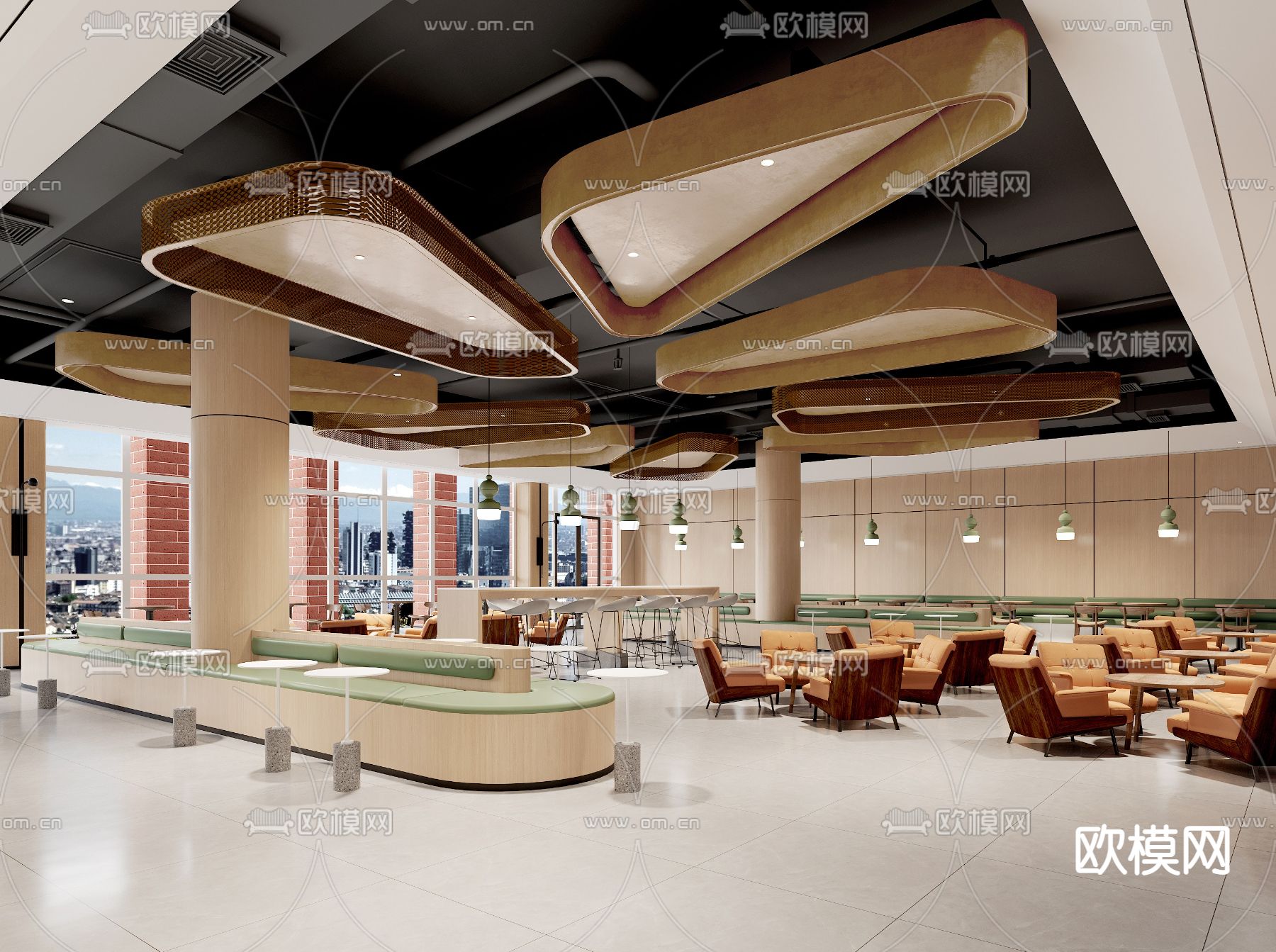 现代员工食堂su模型下载（渲染图2）