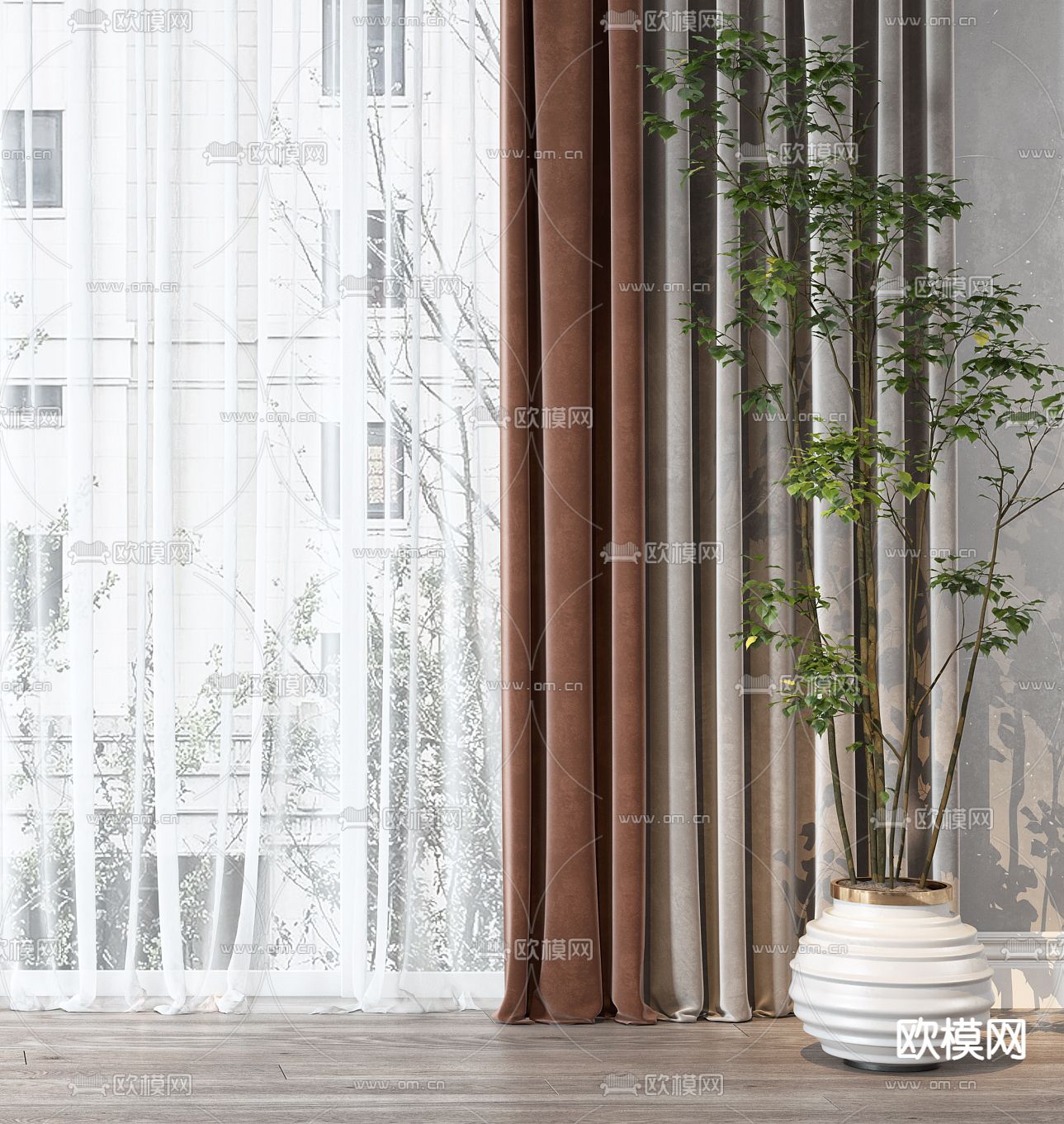 现代窗帘 窗纱3d模型下载（渲染图2）