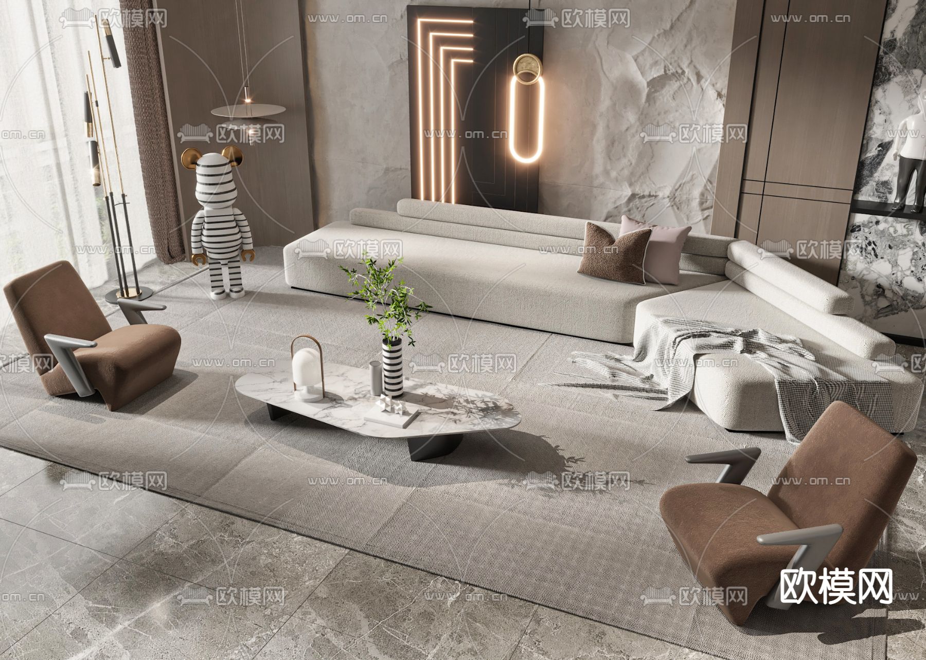 高级灰转角组合沙发3d模型下载