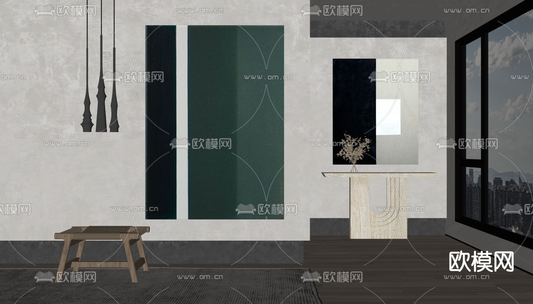 侘寂风绿色挂画 装饰画su模型下载（渲染图2）