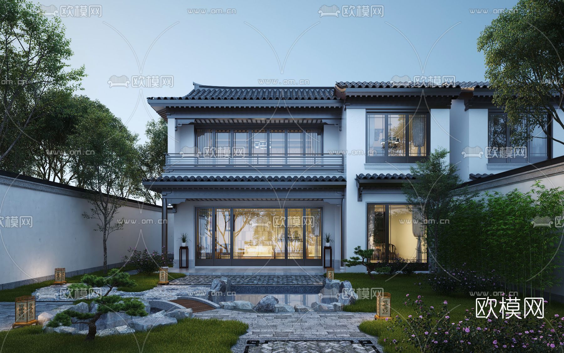 新中式独栋别墅外观3d模型下载_ID12165901_3dmax免费模型-欧模网