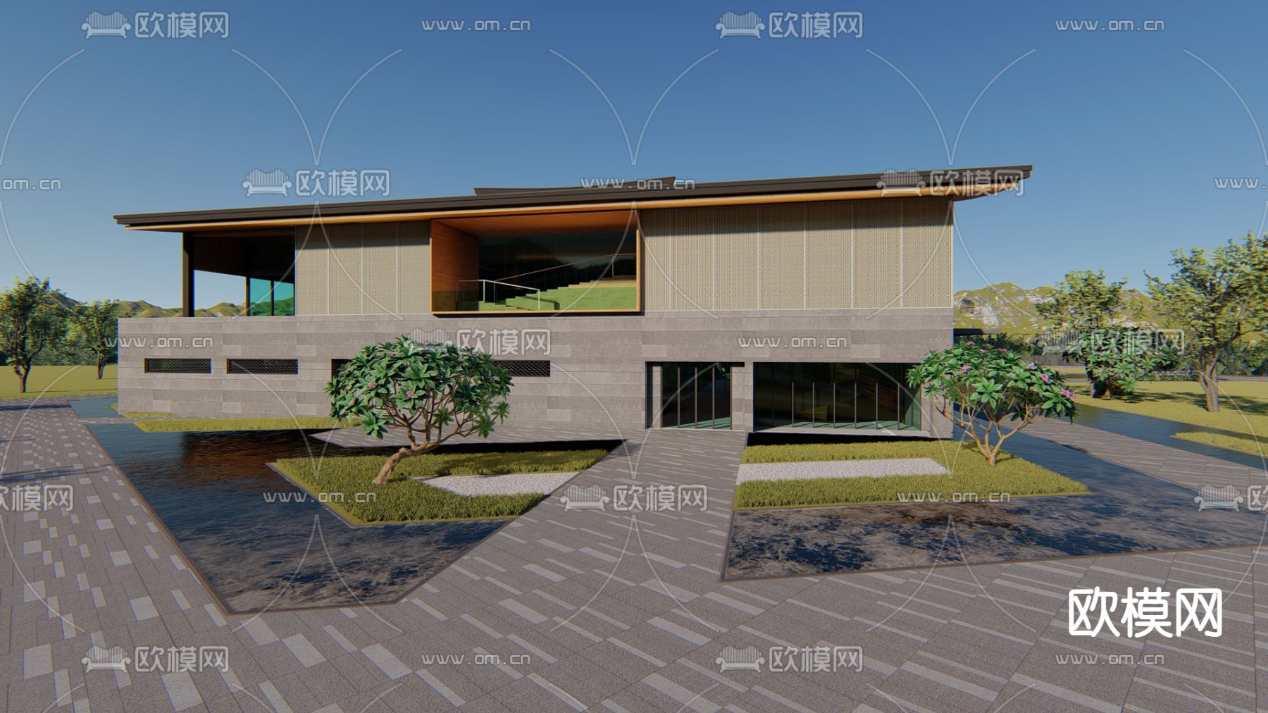 新中式展览馆外观su模型下载（渲染图5）