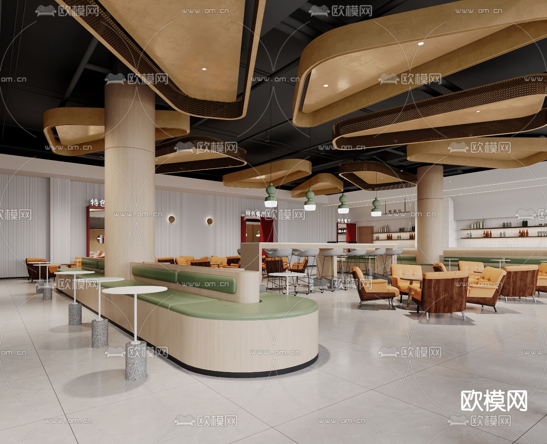 现代员工食堂su模型下载（渲染图1）