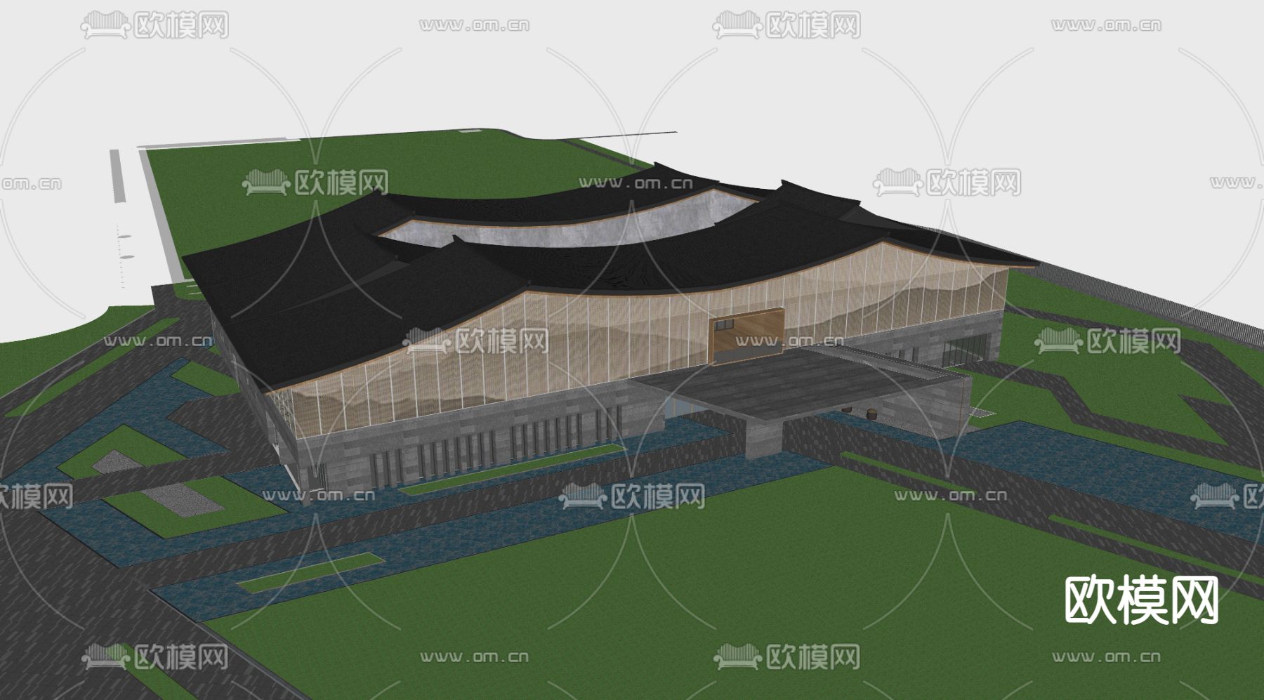 新中式展览馆外观su模型下载（渲染图4）