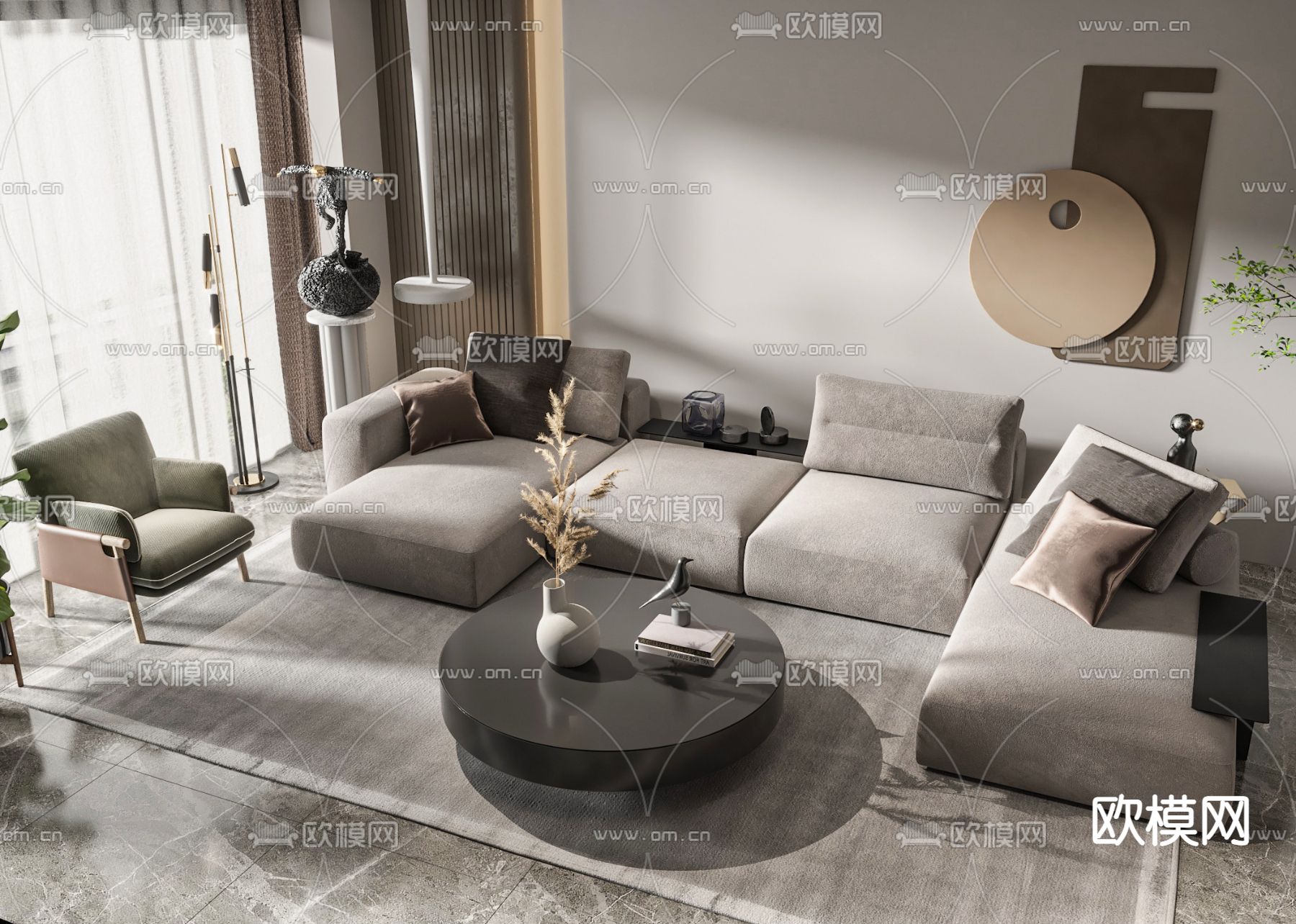 高级灰转角组合沙发3d模型下载