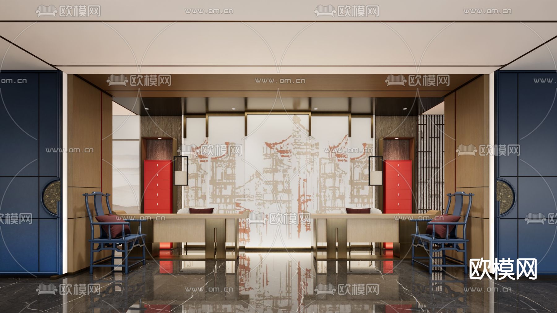 新中式酒店前台su模型下载（渲染图1）