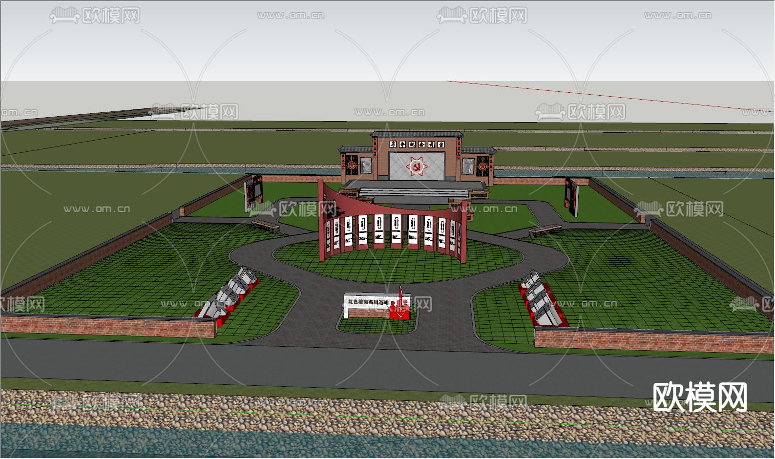 现代红色文化广场景观su模型下载（渲染图5）