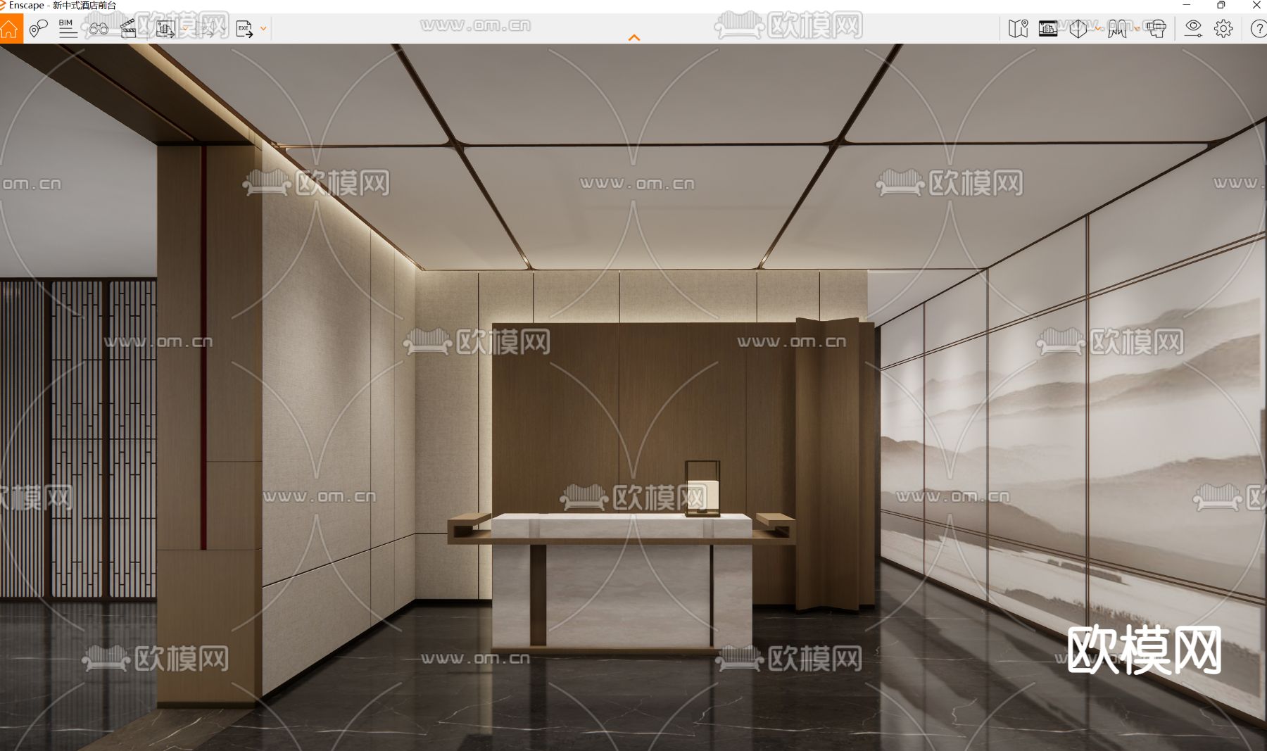 新中式酒店前台su模型下载（渲染图4）
