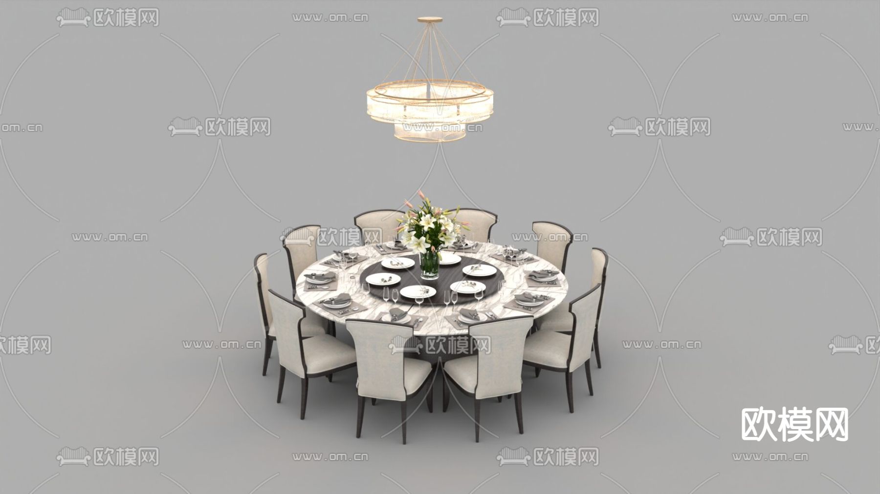 简欧实木布艺大理石多人圆形餐桌椅免费3d模型下载