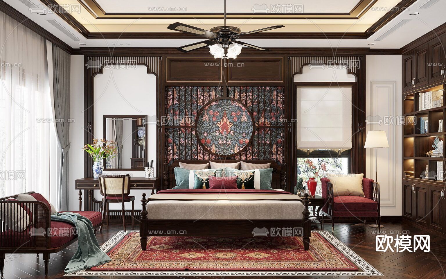 中式复古创意卧室免费3d模型下载（渲染图1）