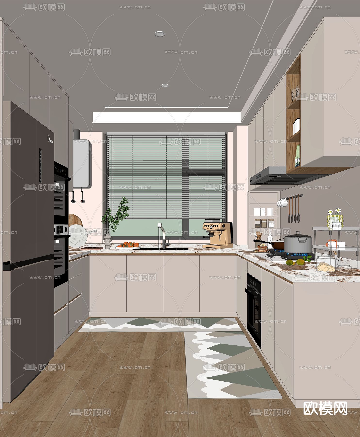 奶油风厨房su模型下载（渲染图2）