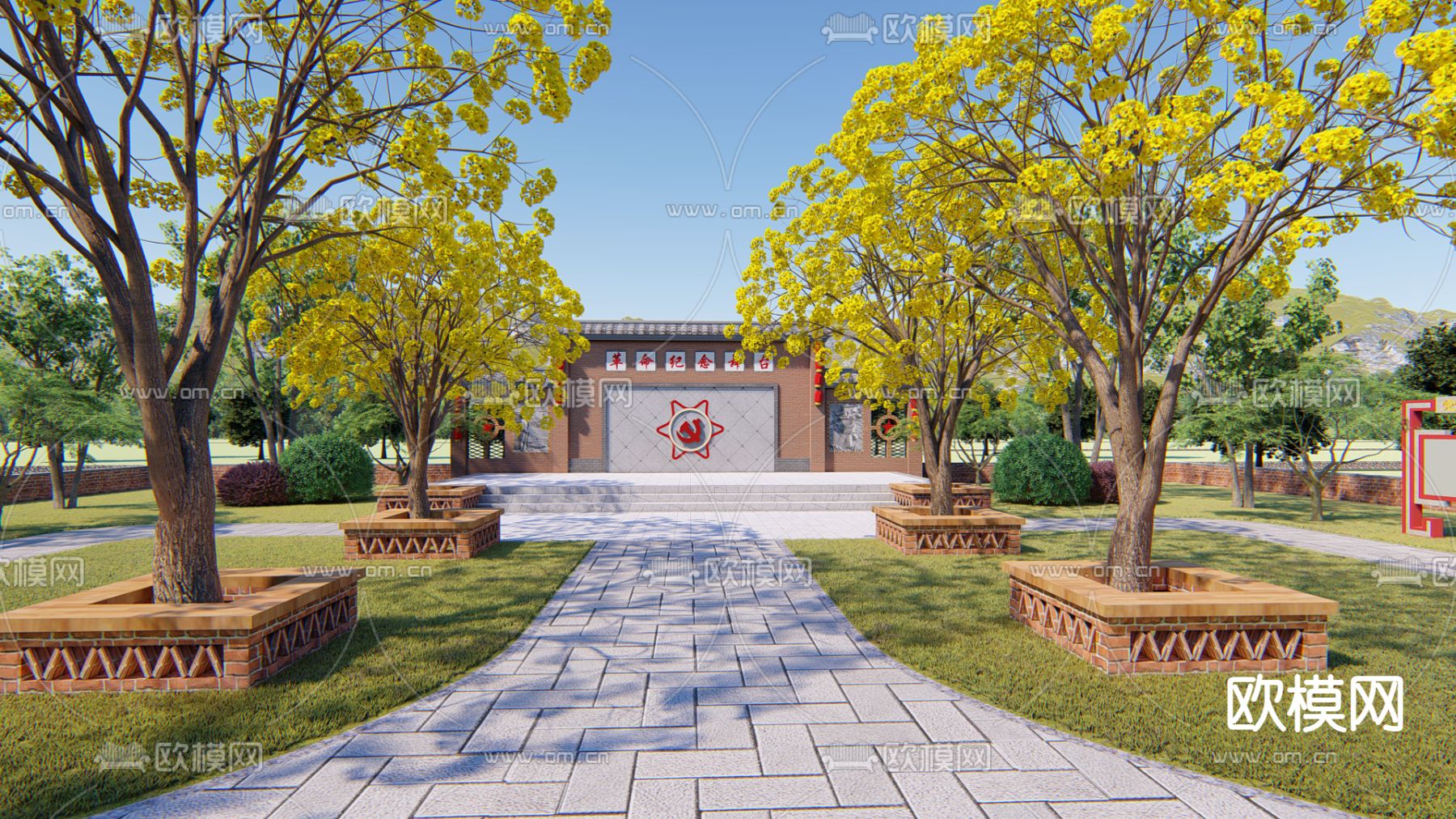 现代红色文化广场景观su模型下载（渲染图2）