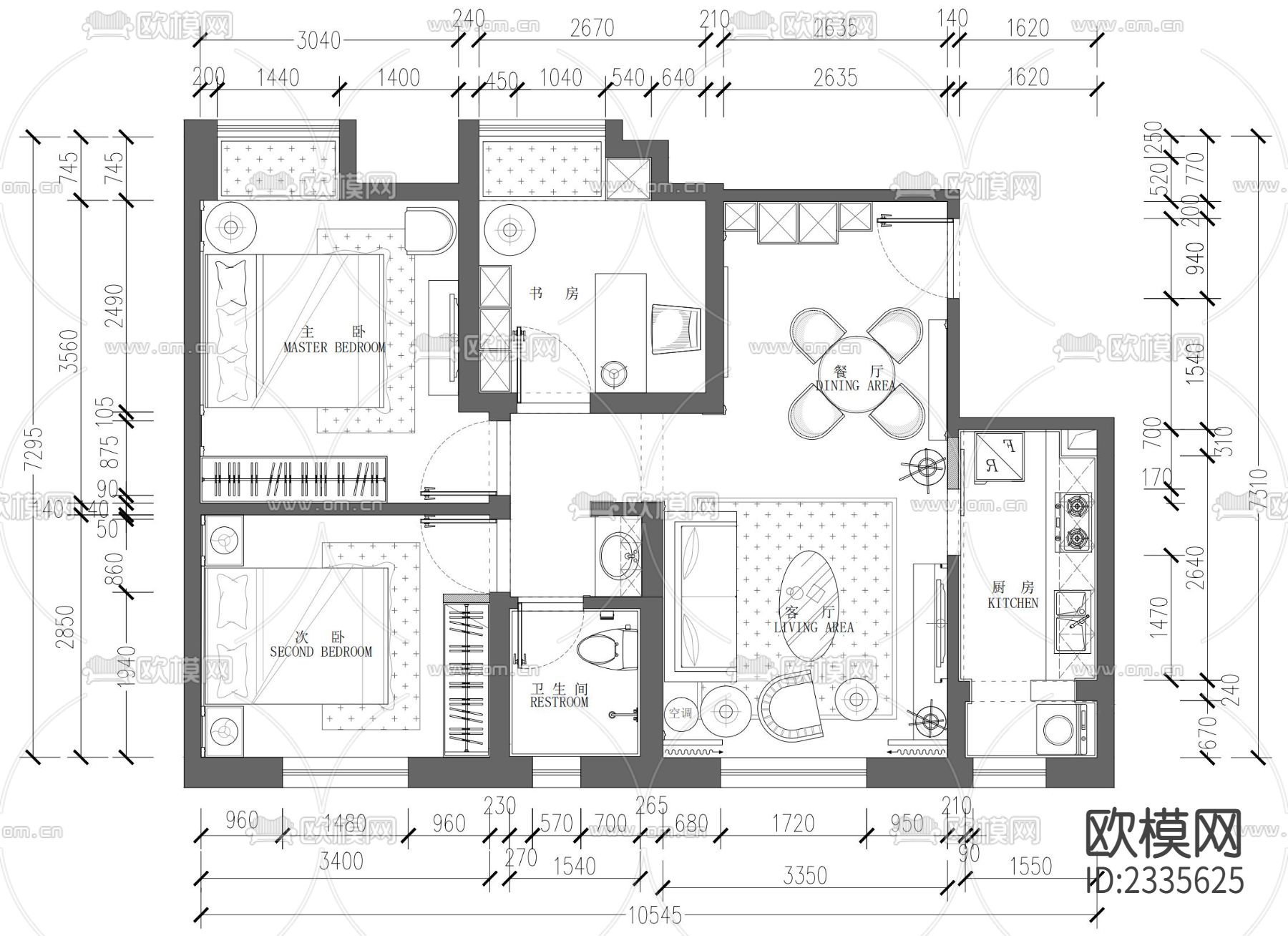 家装（小两室）CAD施工图下载（渲染图4）