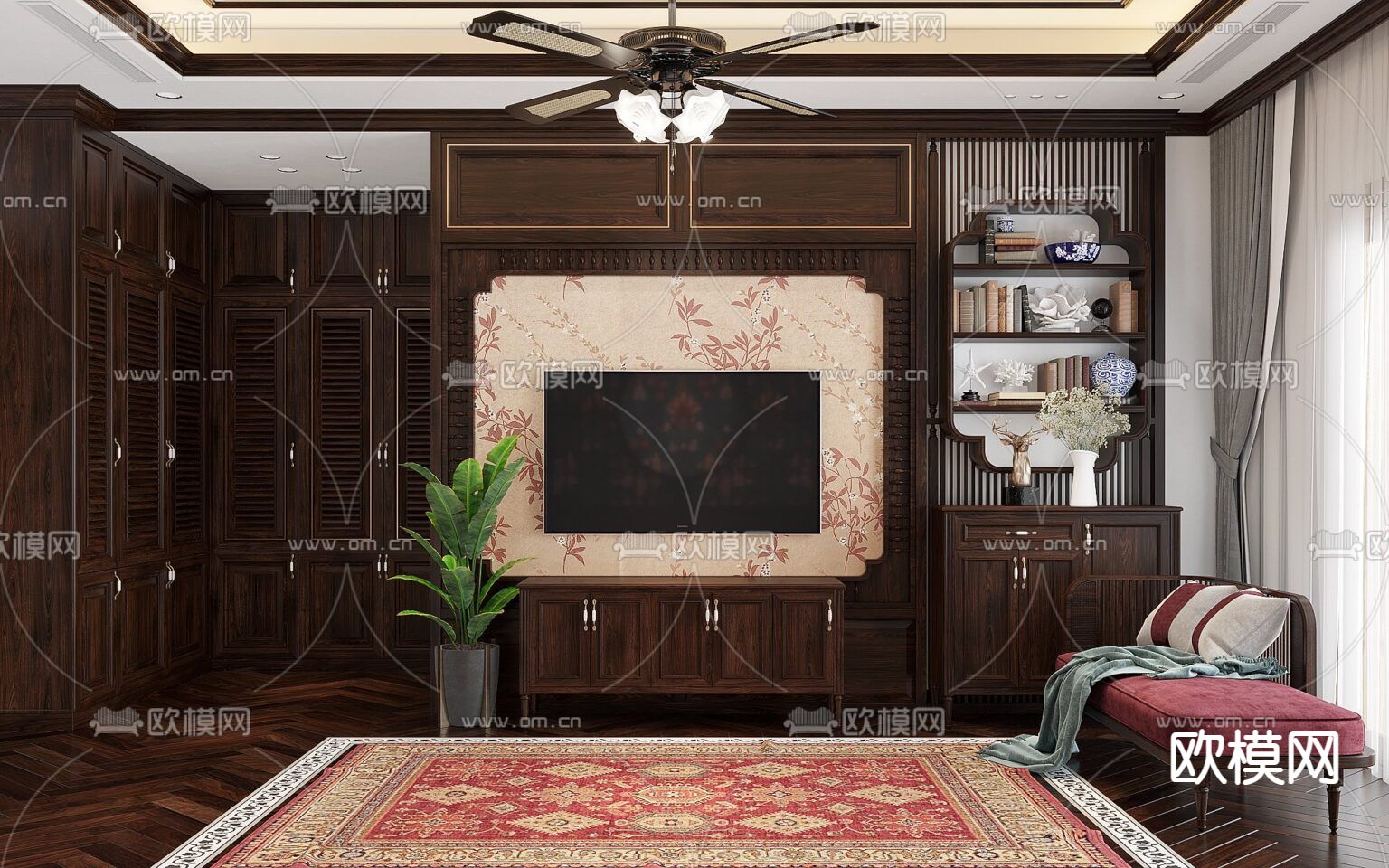 中式复古创意卧室免费3d模型下载（渲染图3）