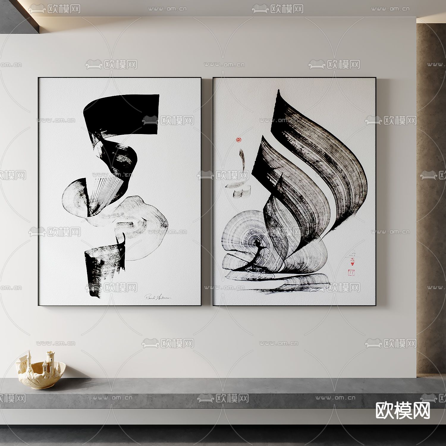 现代黑白抽象挂画 装饰画su模型