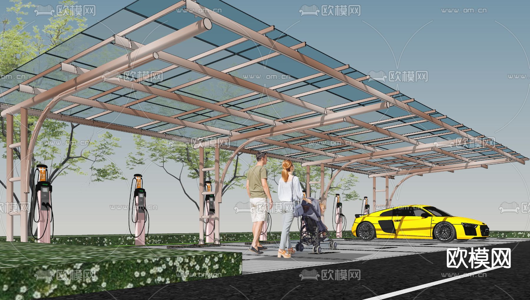 停车棚充电桩su模型