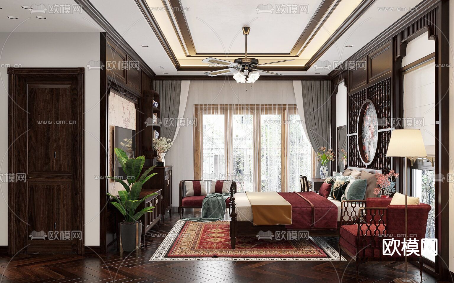 中式复古创意卧室免费3d模型下载（渲染图2）