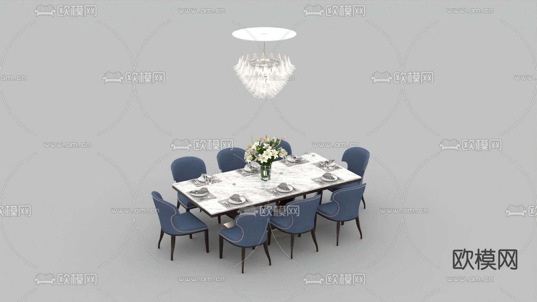 简欧实木布艺大理石餐桌椅免费3d模型下载