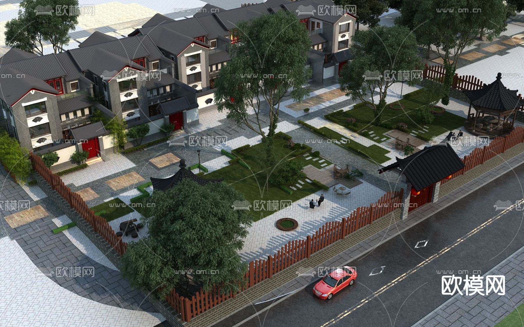 新中式联排别墅鸟瞰免费3d模型下载