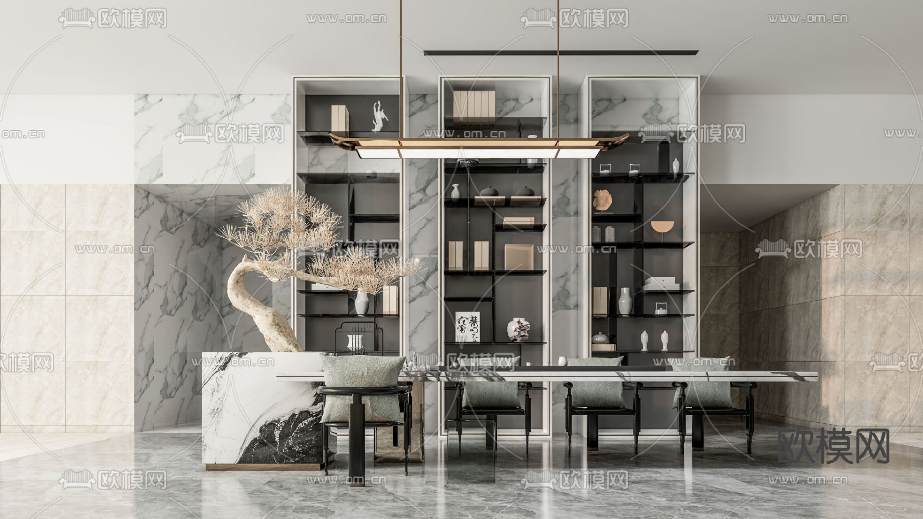 新中式售楼处VIP茶室su模型下载（渲染图1）