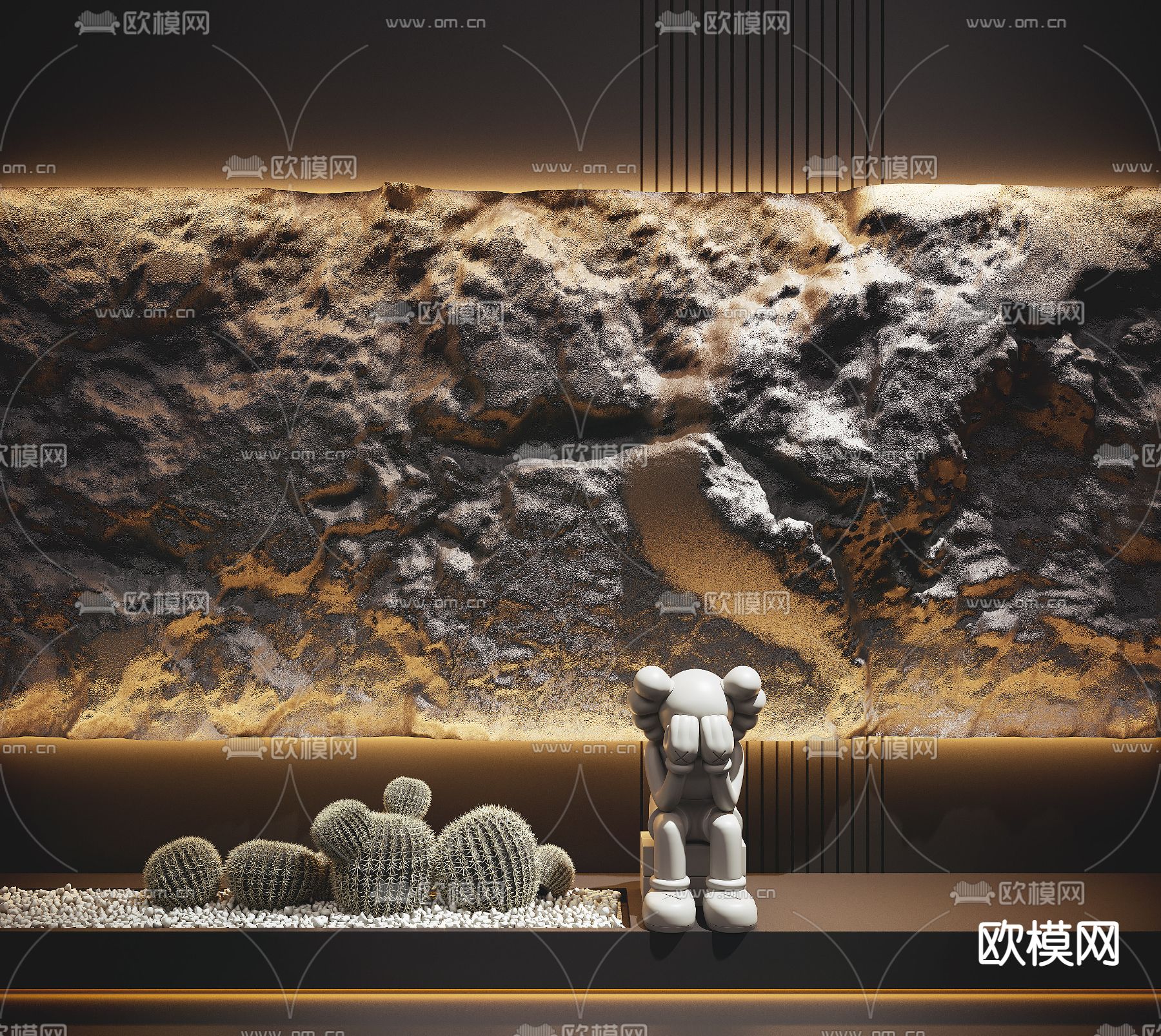 现代毛石 岩石背景墙su模型下载（渲染图1）