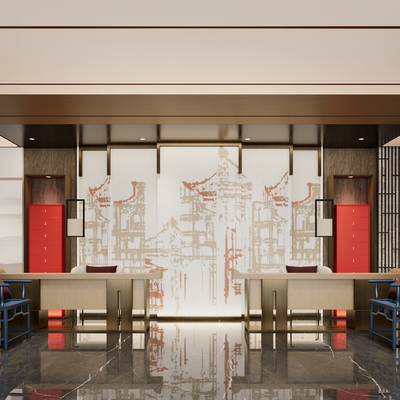  新中式酒店前台su模型 