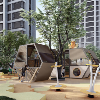  现代六边木盒儿童滑梯su模型 