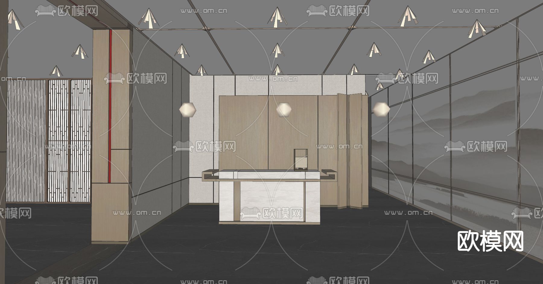新中式酒店前台su模型下载（渲染图3）