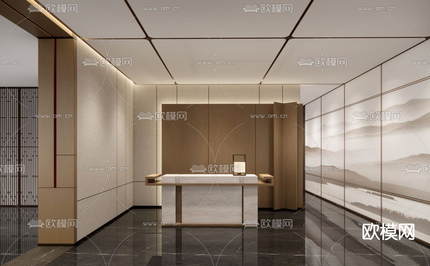 新中式酒店前台su模型下载（渲染图2）