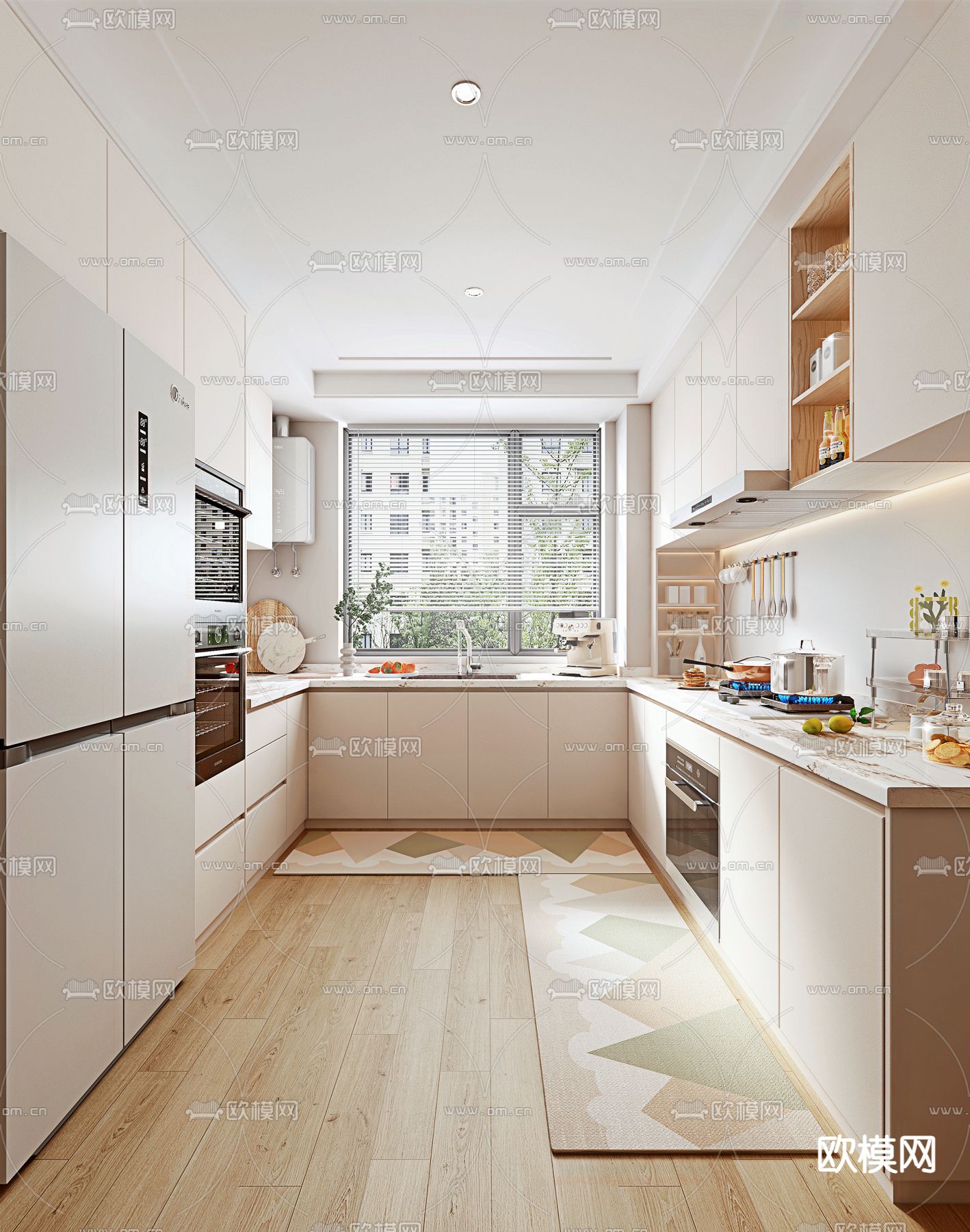 奶油风厨房su模型下载（渲染图1）