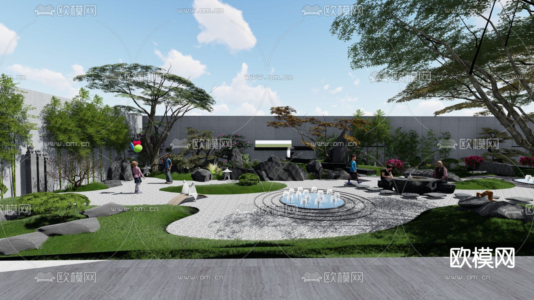 新中式庭院景观su模型下载（渲染图1）