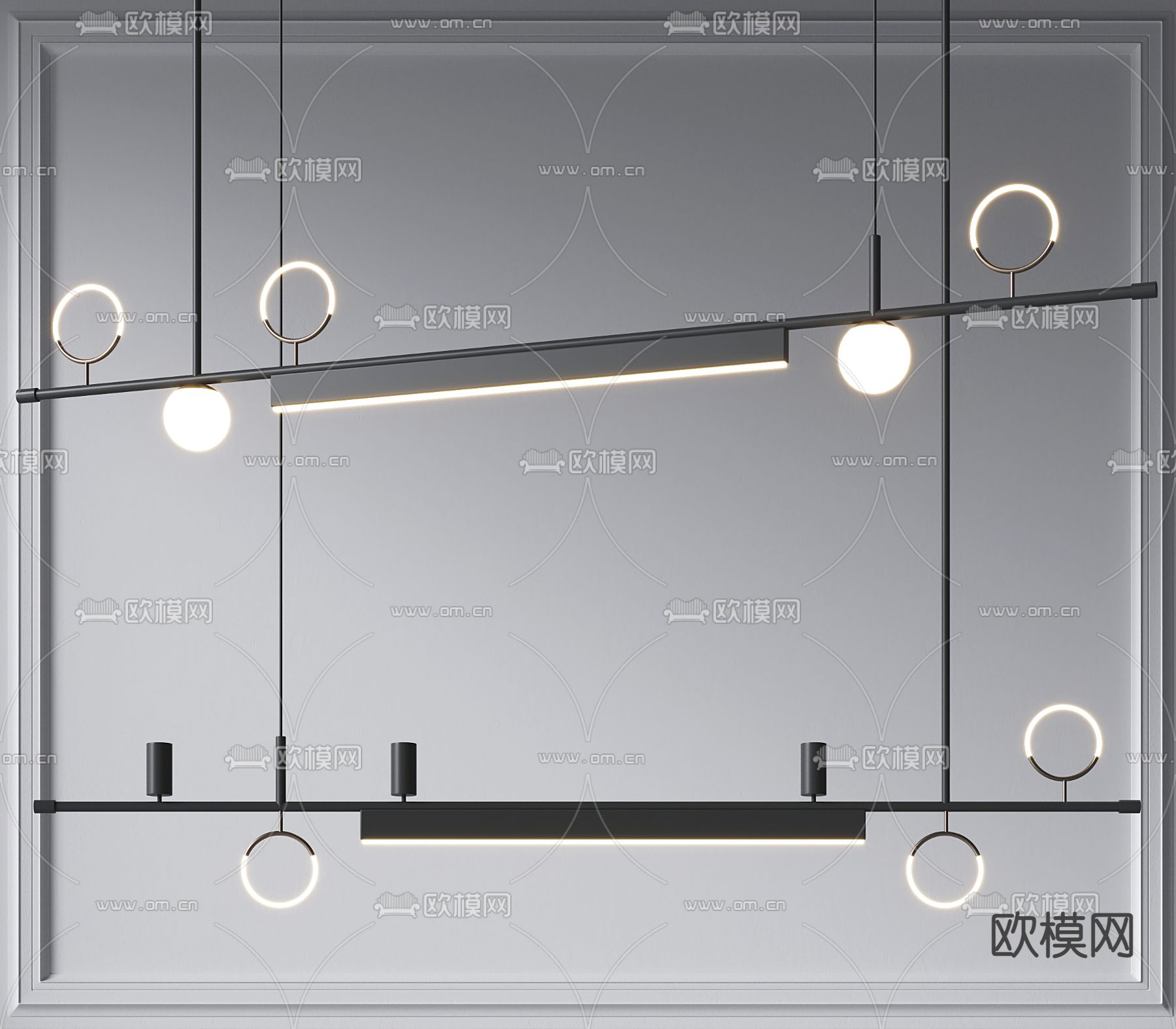 轻奢长条吊灯 多头吊灯su模型下载（渲染图1）