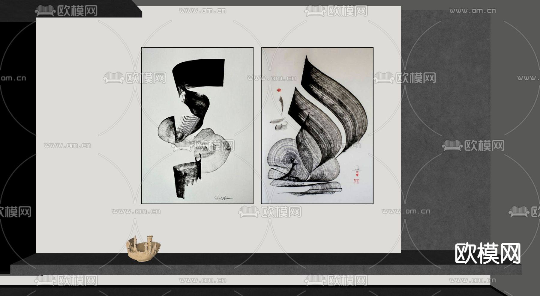 现代黑白抽象挂画 装饰画su模型