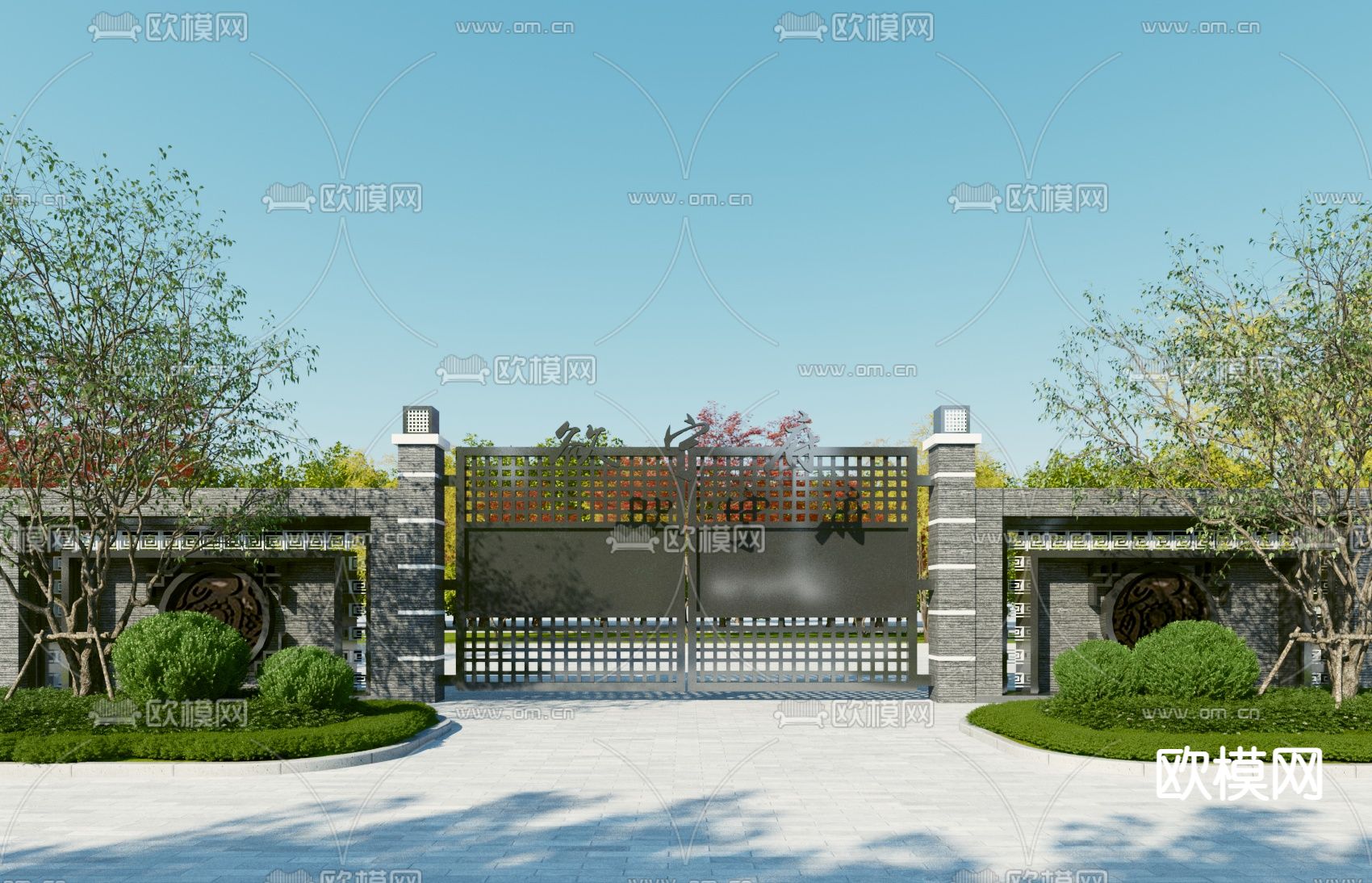 新中式小区入口 大门门头3d模型下载_ID12164431_3dmax免费模型-欧模网