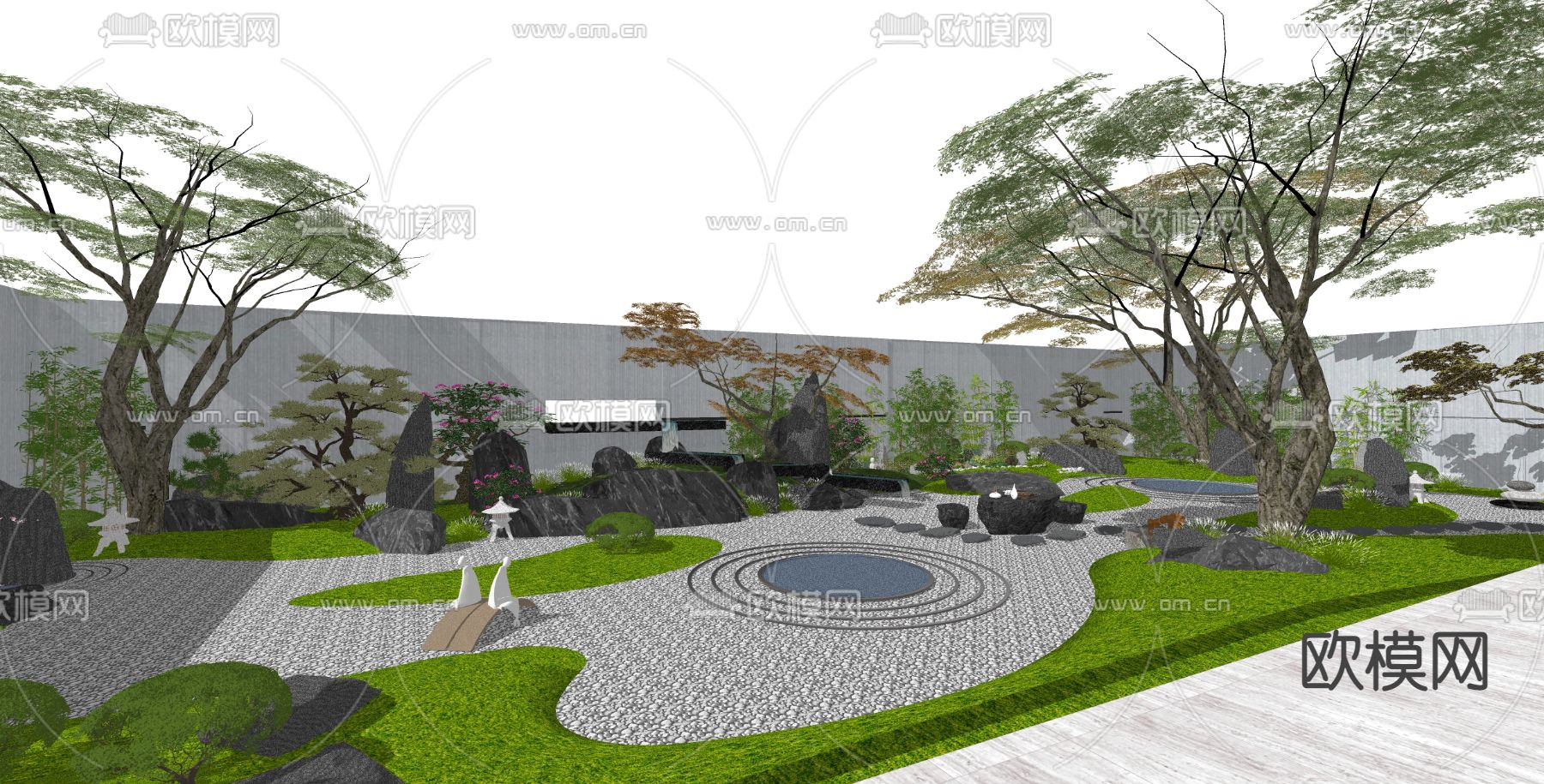 新中式庭院景观su模型下载（渲染图2）