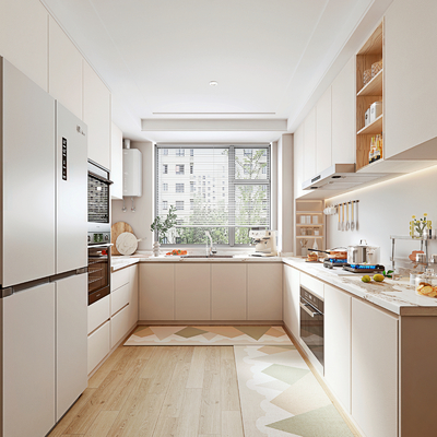  奶油风厨房su模型 