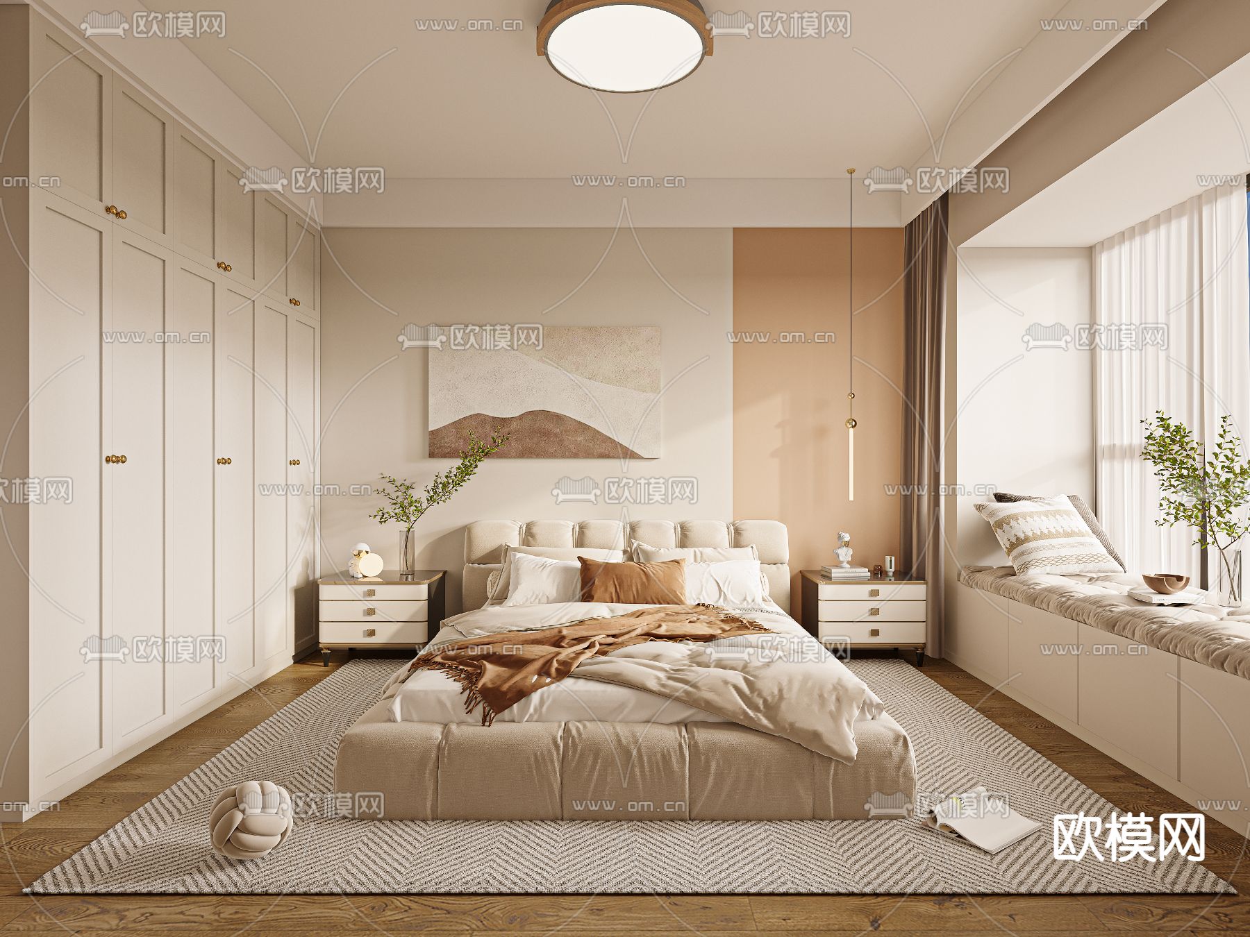 奶油风卧室 主卧 主人房3d模型下载_ID12158362_3dmax免费模型-欧模网