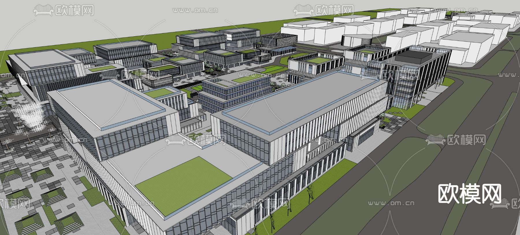 现代产业园办公楼鸟瞰su模型下载（渲染图3）