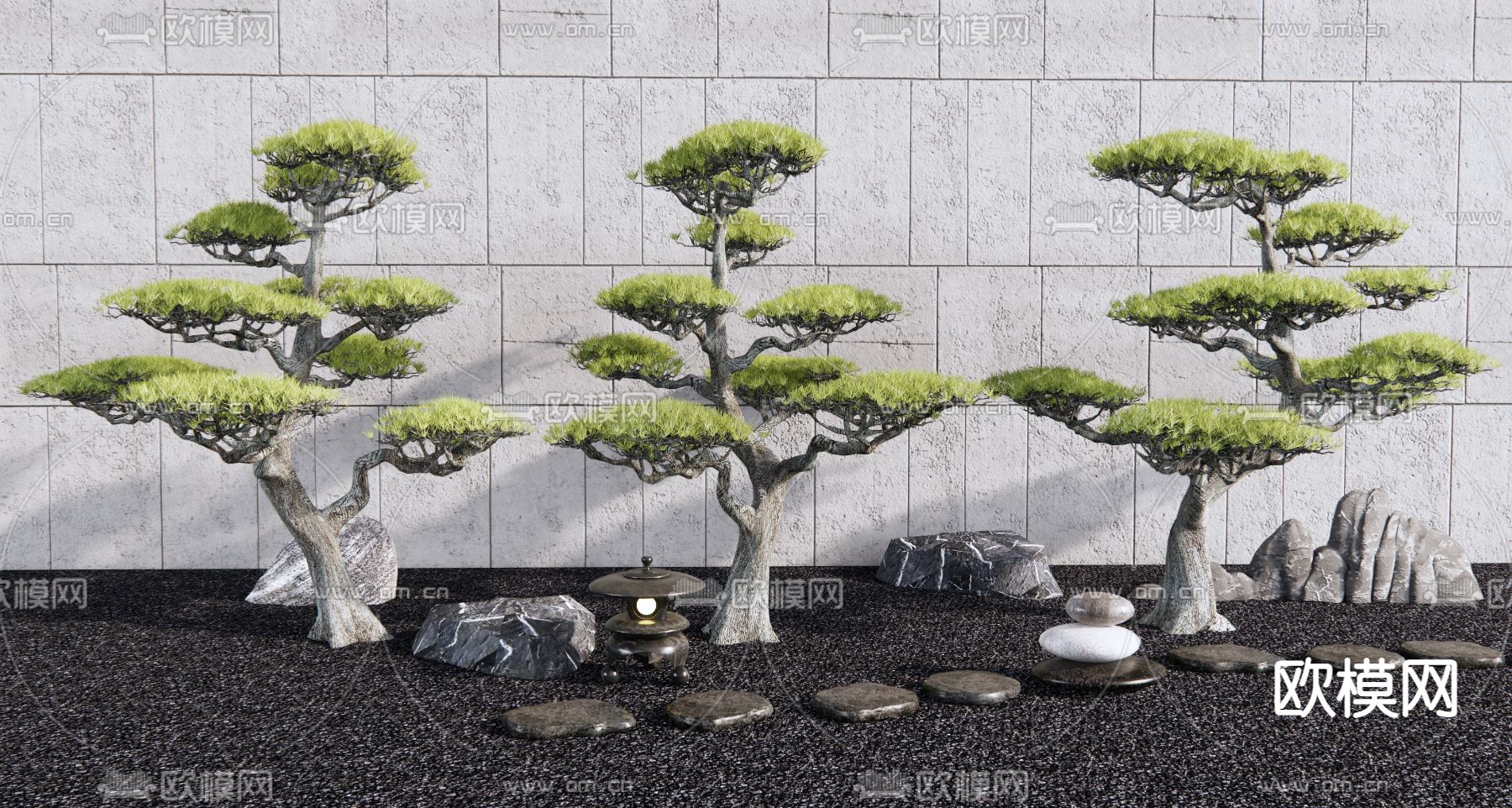 新中式松树庭院景观3d模型下载_ID12165227_3dmax免费模型-欧模网